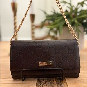 Gucci Dark Brown GG Embossed Leather Shoulder Bag with Gold Chain